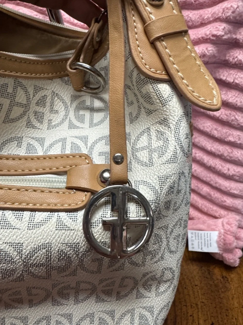 Giani Bernini Ivory‎ Logo-Print Shoulder Bag with Tan Trim